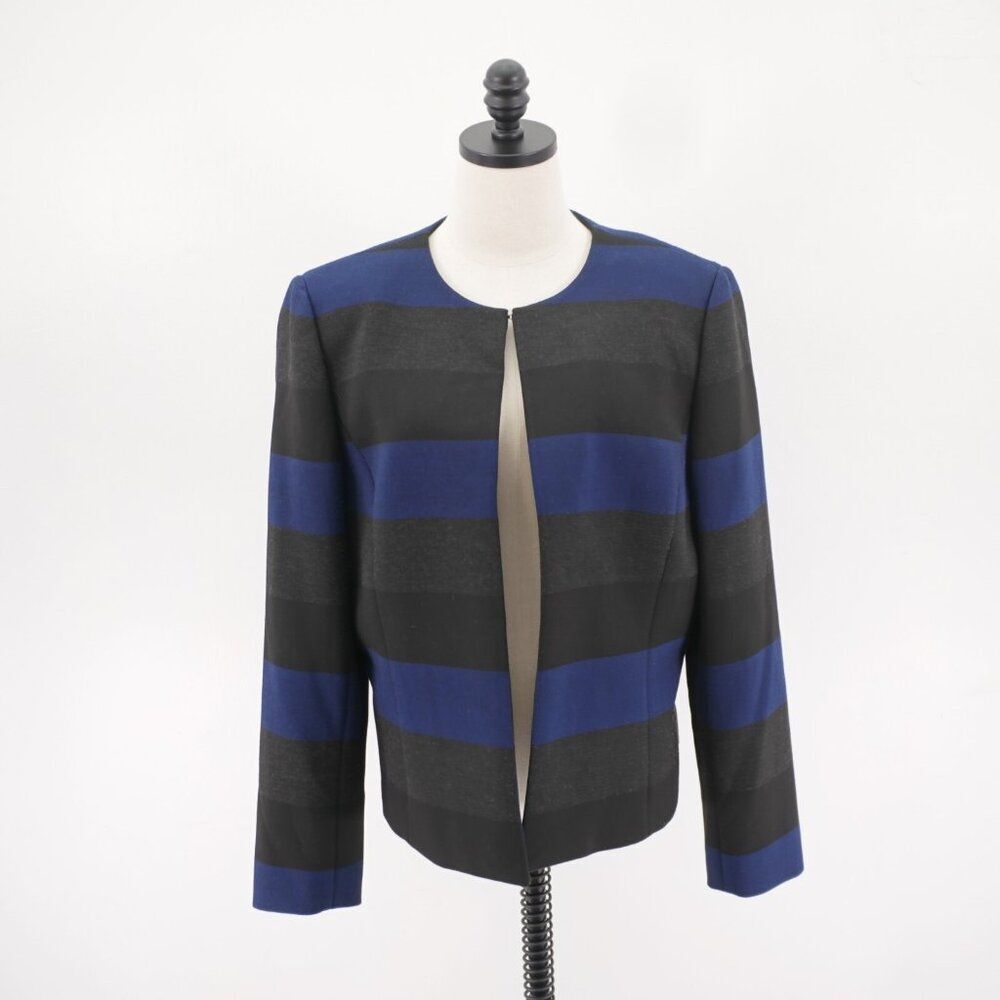 Tahari Arthur S. Levine Polyester Suit Jacket Clasp Closure Gray Blue Striped 14